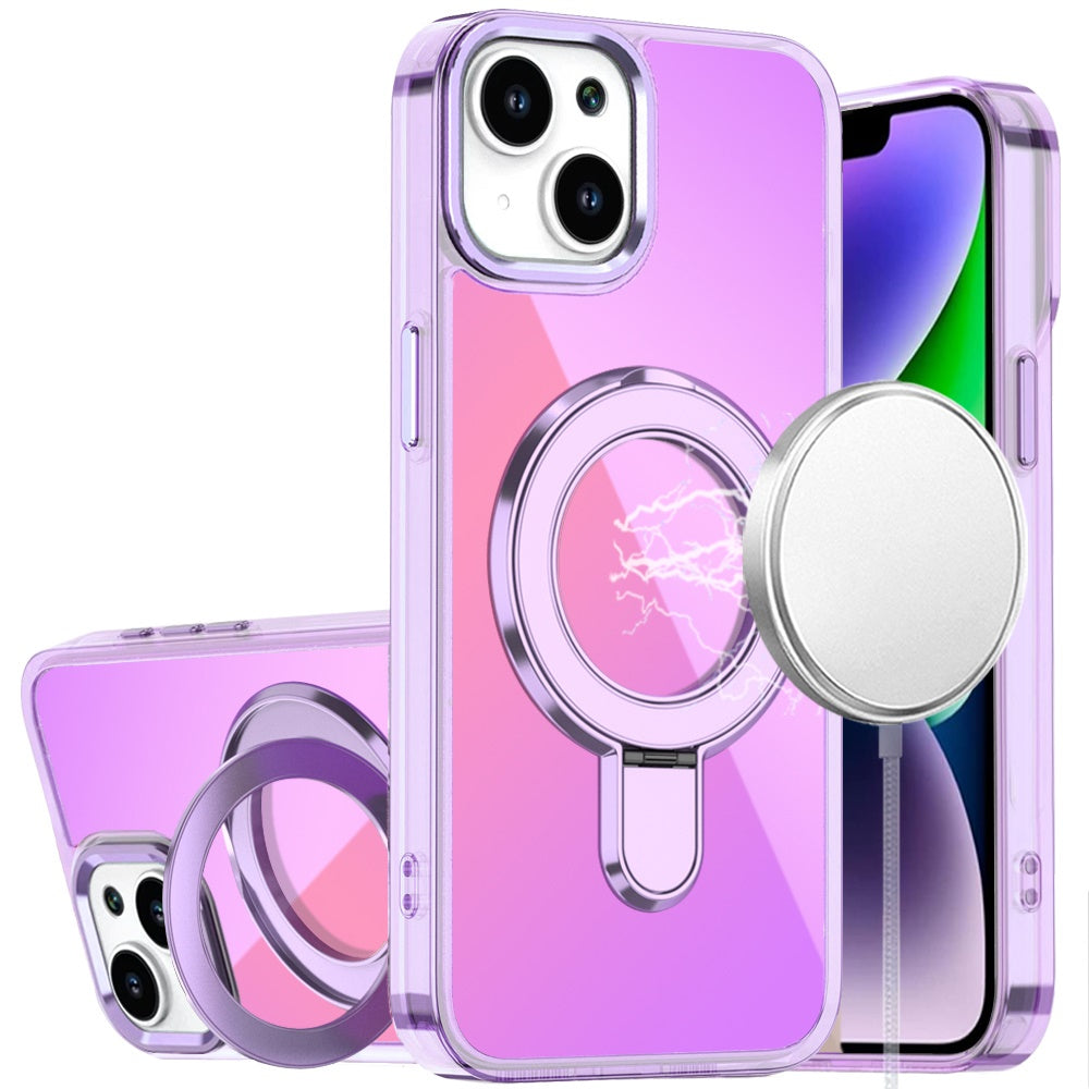 For iPhone 13/14 Case Radiant Chrome Magnetic Circle Stand + Tempered Glass