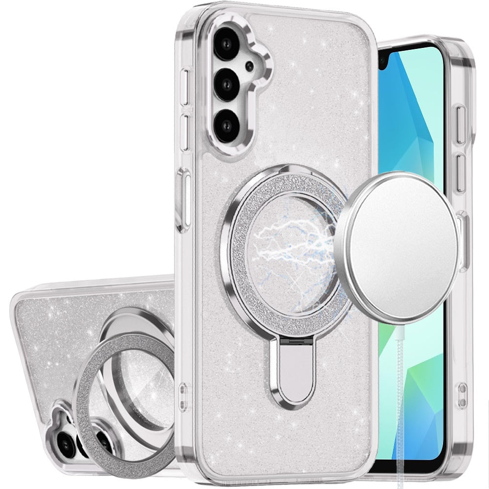 For Samsung A16 5G Case Translucent Full Glitter Magnetic Circle +Tempered Glass