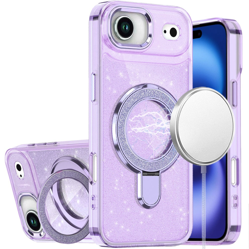 For iPhone Air Case Full Glitter Cover w/ Magnetic Circle Stand + Tempered Glass
