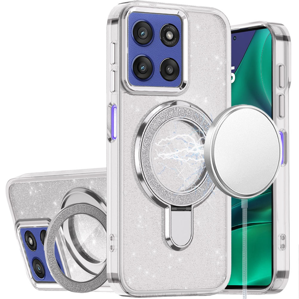 For Moto G Stylus 2025 Case Translucent Glitter Magnetic Circle + Tempered Glass