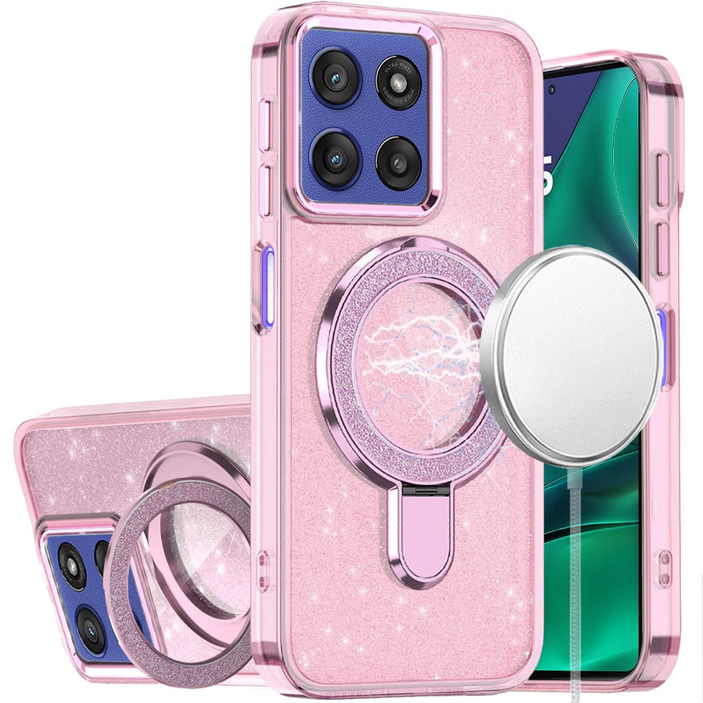 For Moto G Stylus 2025 Case Translucent Glitter Magnetic Circle + Tempered Glass