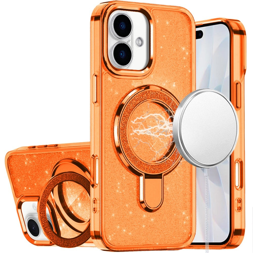 For iPhone 17 Case Full Glitter Cover w/ Magnetic Circle Stand + Tempered Glass