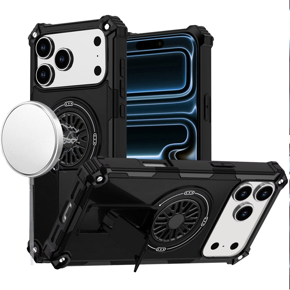 For iPhone 17 PRO Case Rugged Magnetic Circle w/ Pop-Out Stand + Tempered Glass