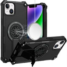 For iPhone 13/14 Case Dual Layer Magnetic Circle Pop-Out Stand + Tempered Glass