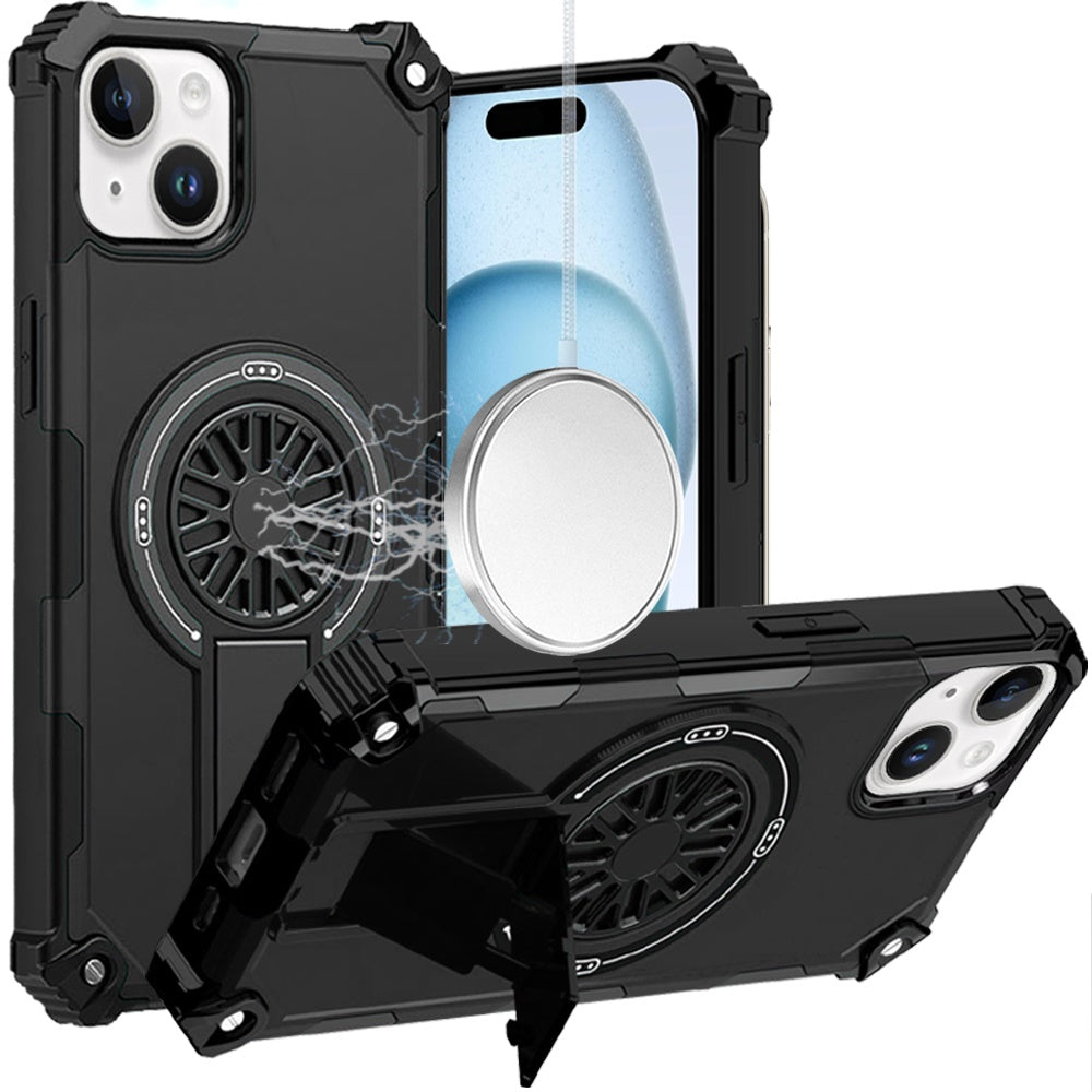 For iPhone 15 Case Dual Layer Magnetic Circle Pop-Out Stand + 2 Tempered Glass