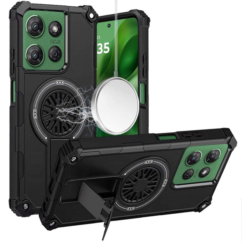 For Moto G Power 2025 Case Dual Layer Magnetic Circle Kickstand + Tempered Glass