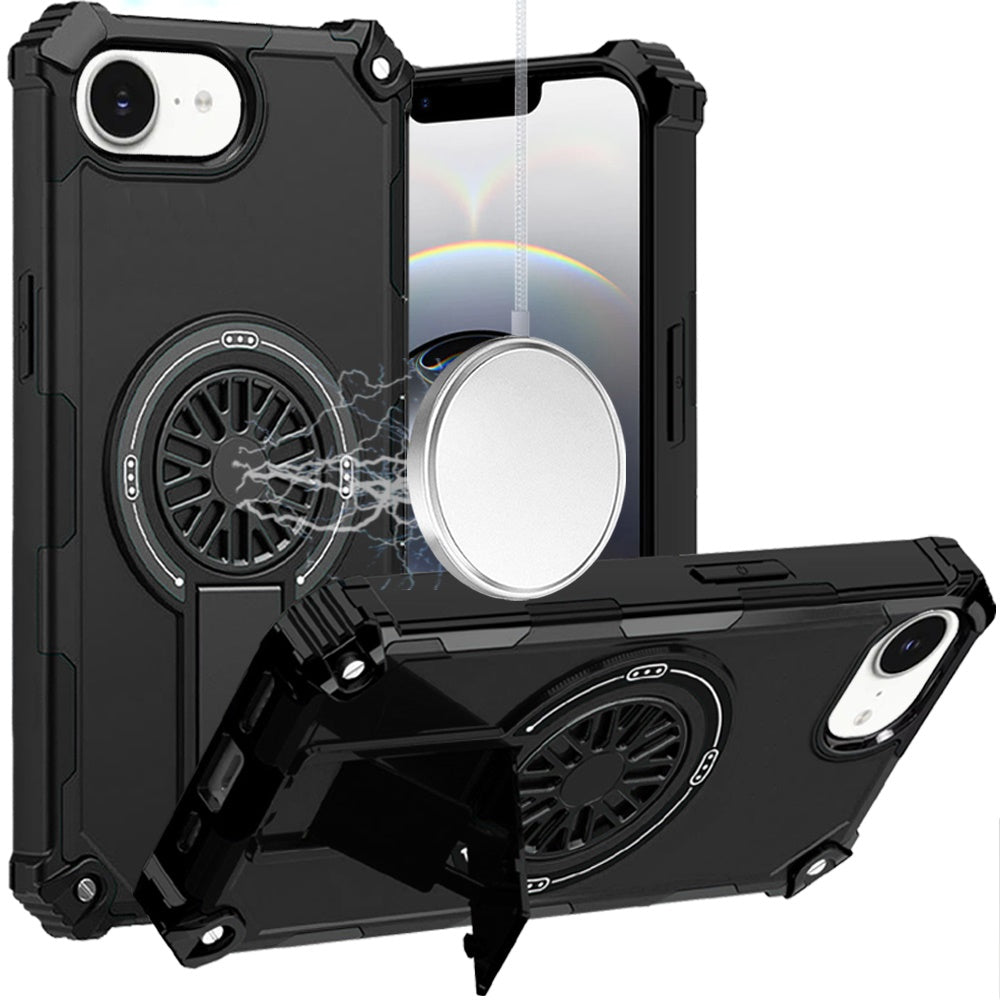 For iPhone 16e Case Dual Layer Magnetic Circle Pop-Out Stand + Tempered Glass