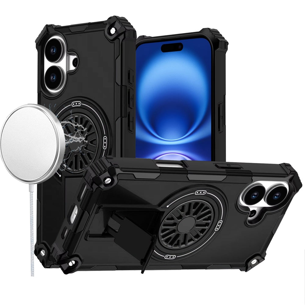 For iPhone 17 Case Rugged Magnetic Circle with Pop-Out Stand + Tempered Glass