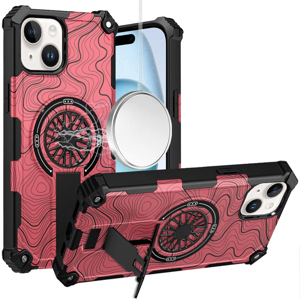 For iPhone 15 Case Design Shockproof Magnetic Circle W/ Stand + 2 Tempered Glass