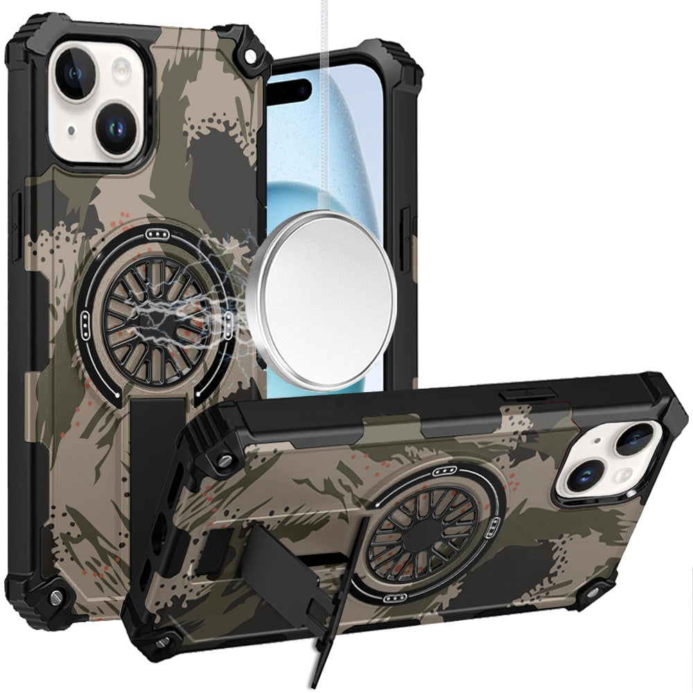 For iPhone 15 Case Design Shockproof Magnetic Circle W/ Stand + 2 Tempered Glass