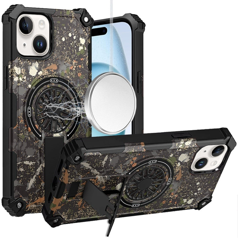 For iPhone 15 Case Design Shockproof Magnetic Circle W/ Stand + 2 Tempered Glass
