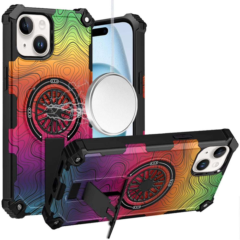 For iPhone 15 Case Design Shockproof Magnetic Circle W/ Stand + 2 Tempered Glass