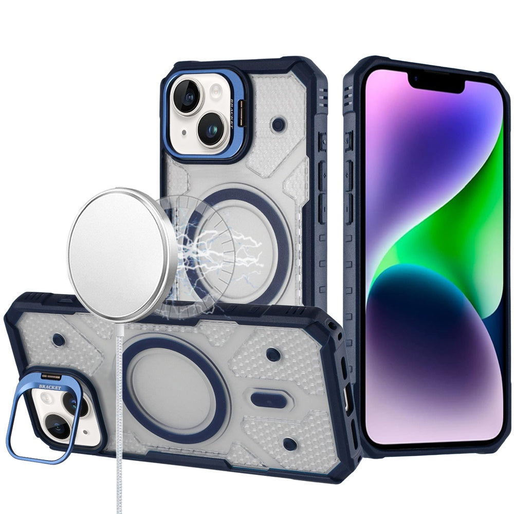 For iPhone 13/14 Case Rugged Camera Stand Magnetic Circle Cover + Tempered Glass