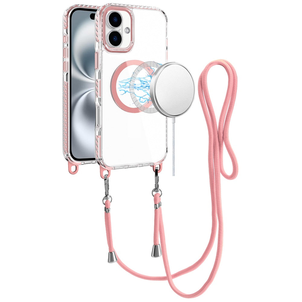 For iPhone 16 Plus 6.7in Case Matching Lanyard Magnetic Circle + Tempered Glass