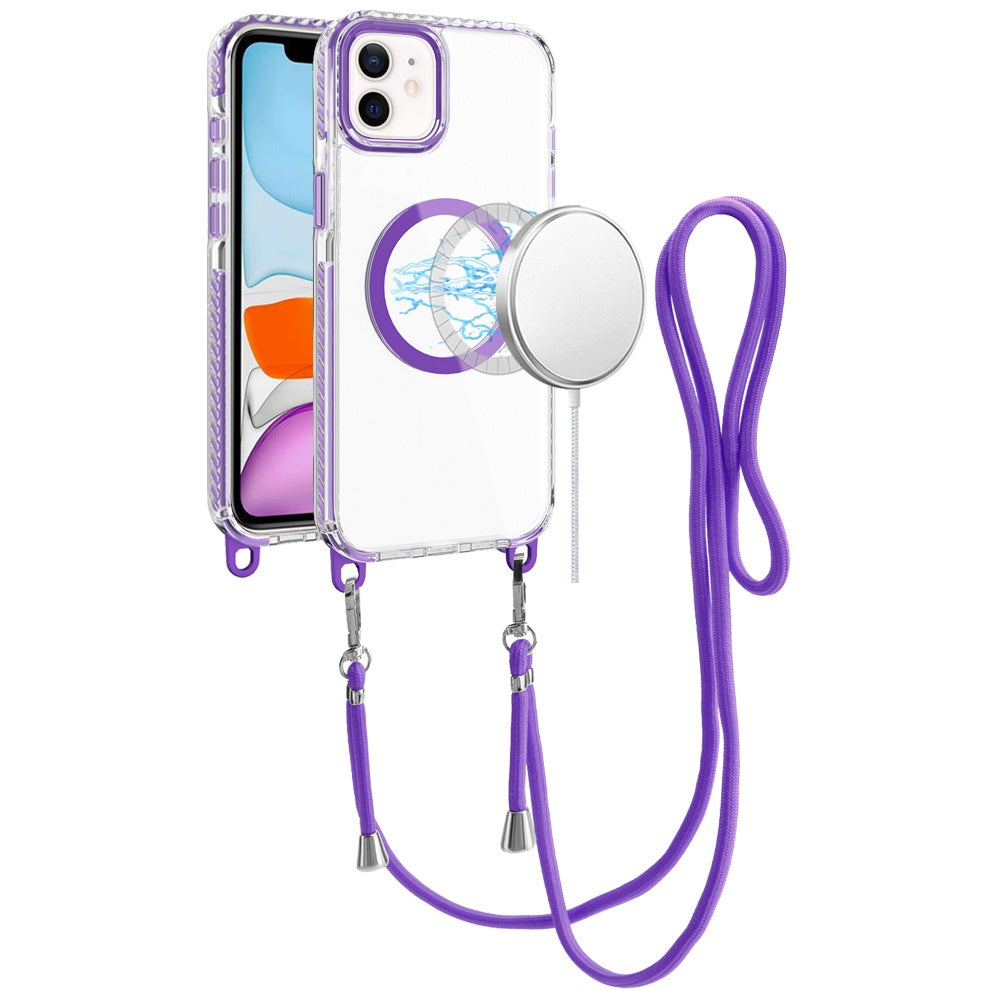 For iPhone 11 6.1 in. Case Long Matching Lanyard Magnetic Circle +Tempered Glass