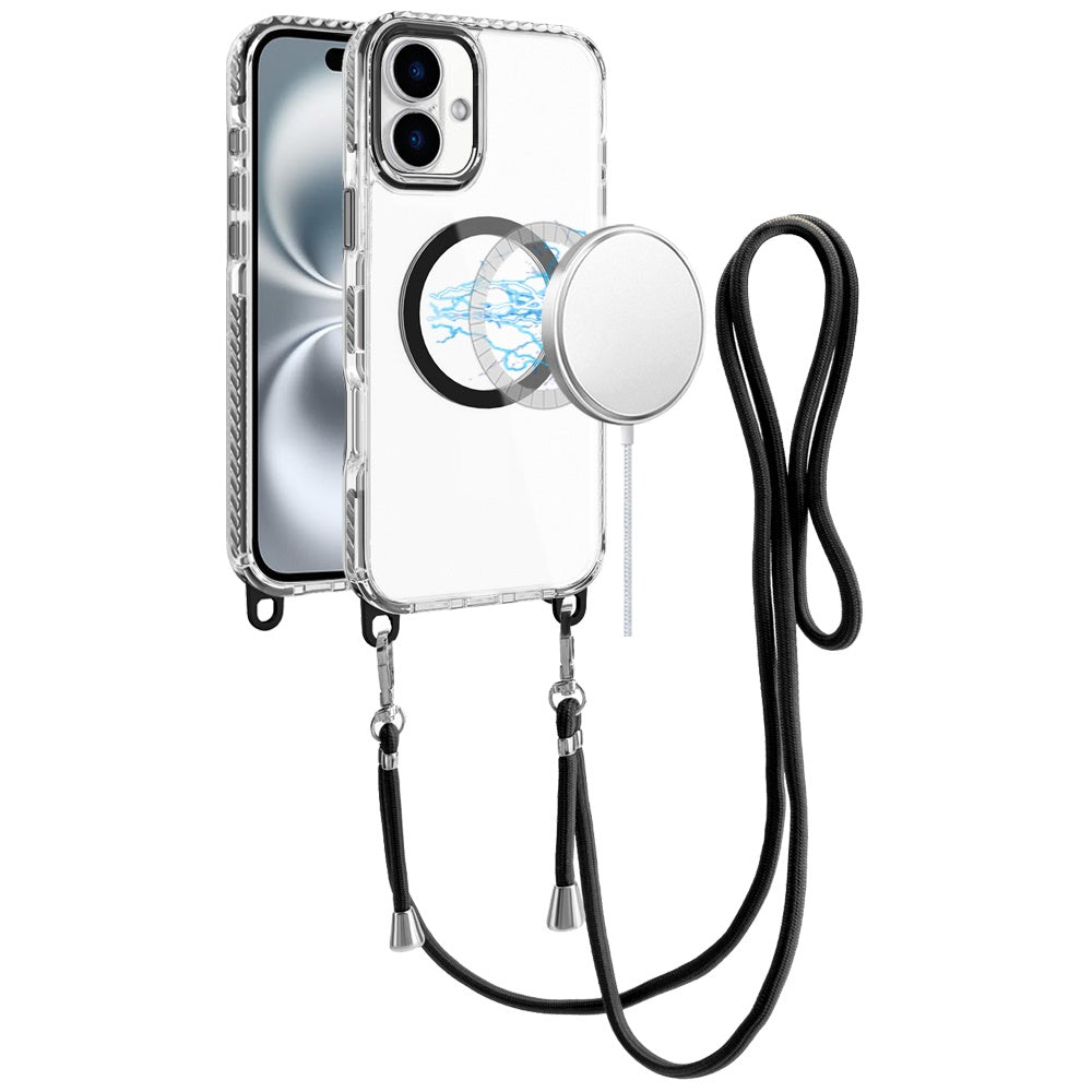 For iPhone 16 6.1inch Case Long Matching Lanyard Magnetic Circle +Tempered Glass