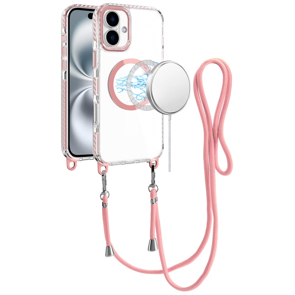 For iPhone 16 6.1inch Case Long Matching Lanyard Magnetic Circle +Tempered Glass