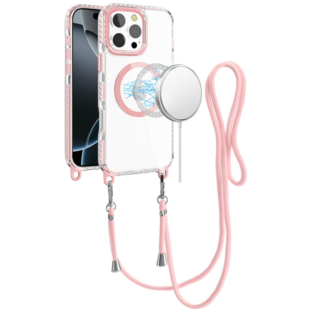 For iPhone 16 Pro 6.3in Case Long Lanyard Magnetic Circle + Tempered Glass