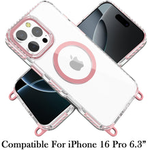 For iPhone 16 Pro 6.3in Case Long Lanyard Magnetic Circle + Tempered Glass