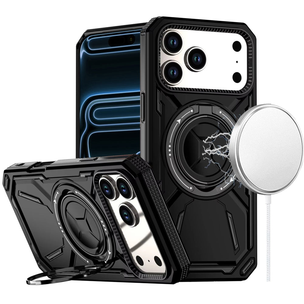 For iPhone 17 PRO Case Magnetic Circle Metal Stand 360 Rotating + Tempered Glass
