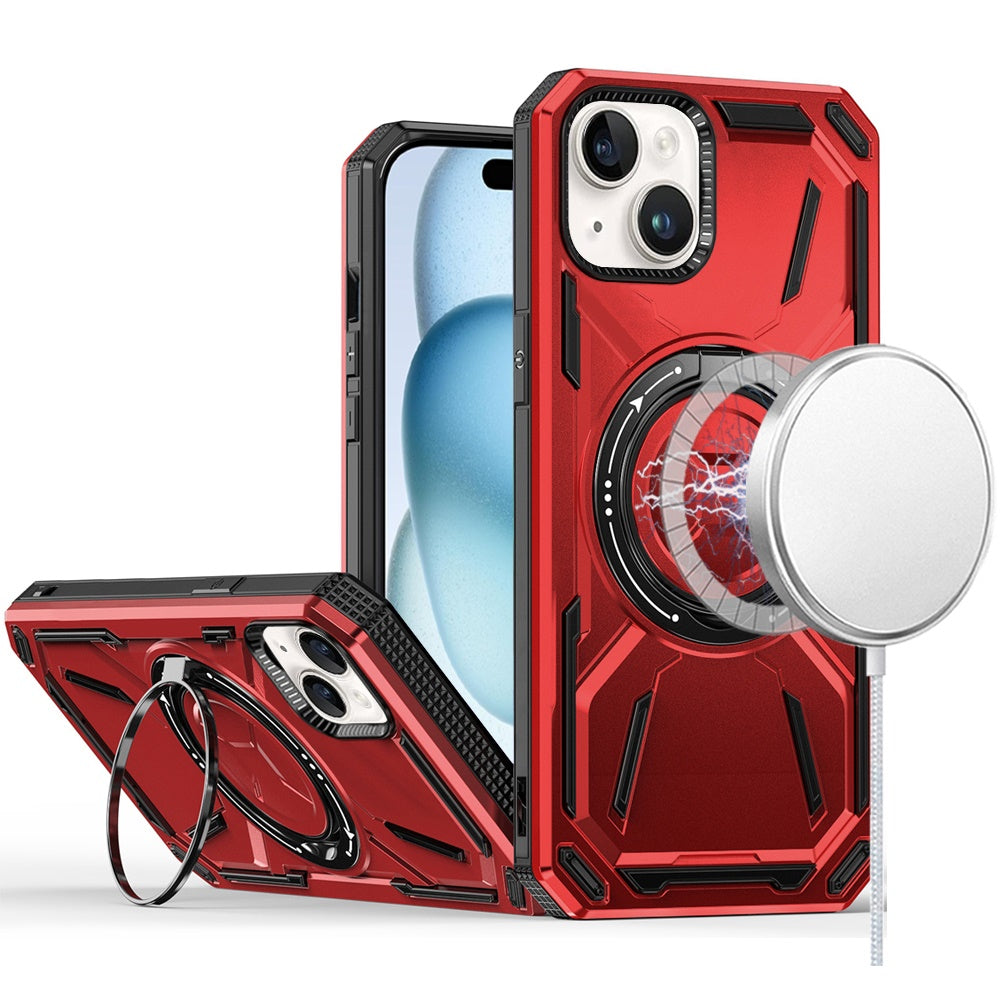 For iPhone 15 Case Magnetic Circle Metal Stand Shockproof + 2 Tempered Glass