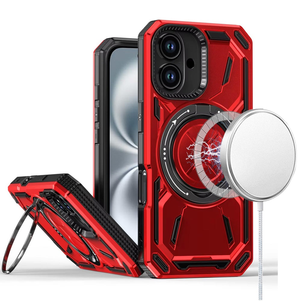 For iPhone 16 6.1inch Case Magnet Circle Metal Stand Shockproof + Tempered Glass