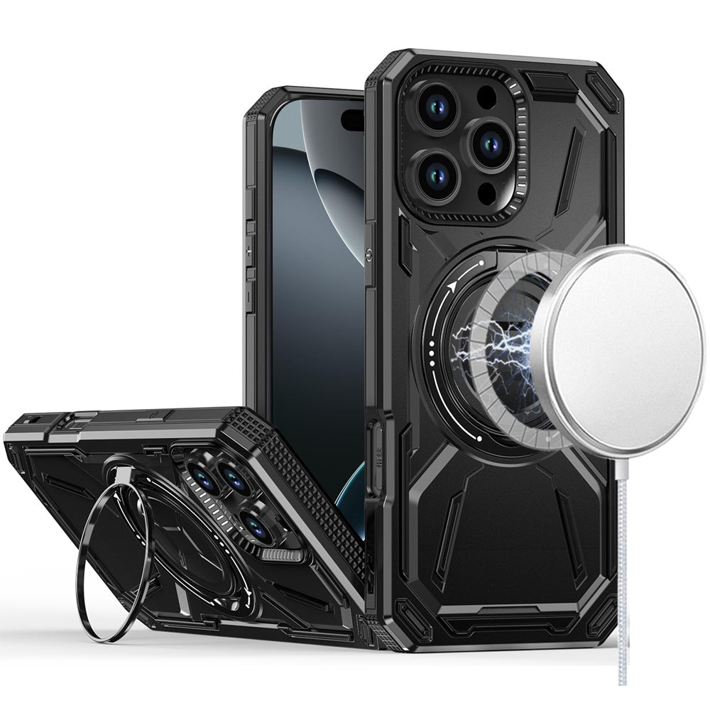 For iPhone 16 Pro 6.3in Case Magnetic Circle Metal Stand Rugged + Tempered Glass