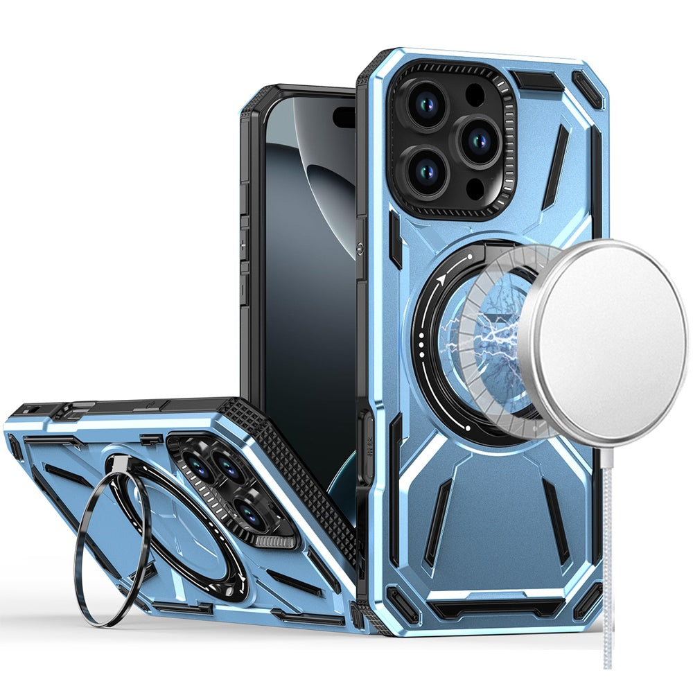 For iPhone 16 Pro 6.3in Case Magnetic Circle Metal Stand Rugged + Tempered Glass