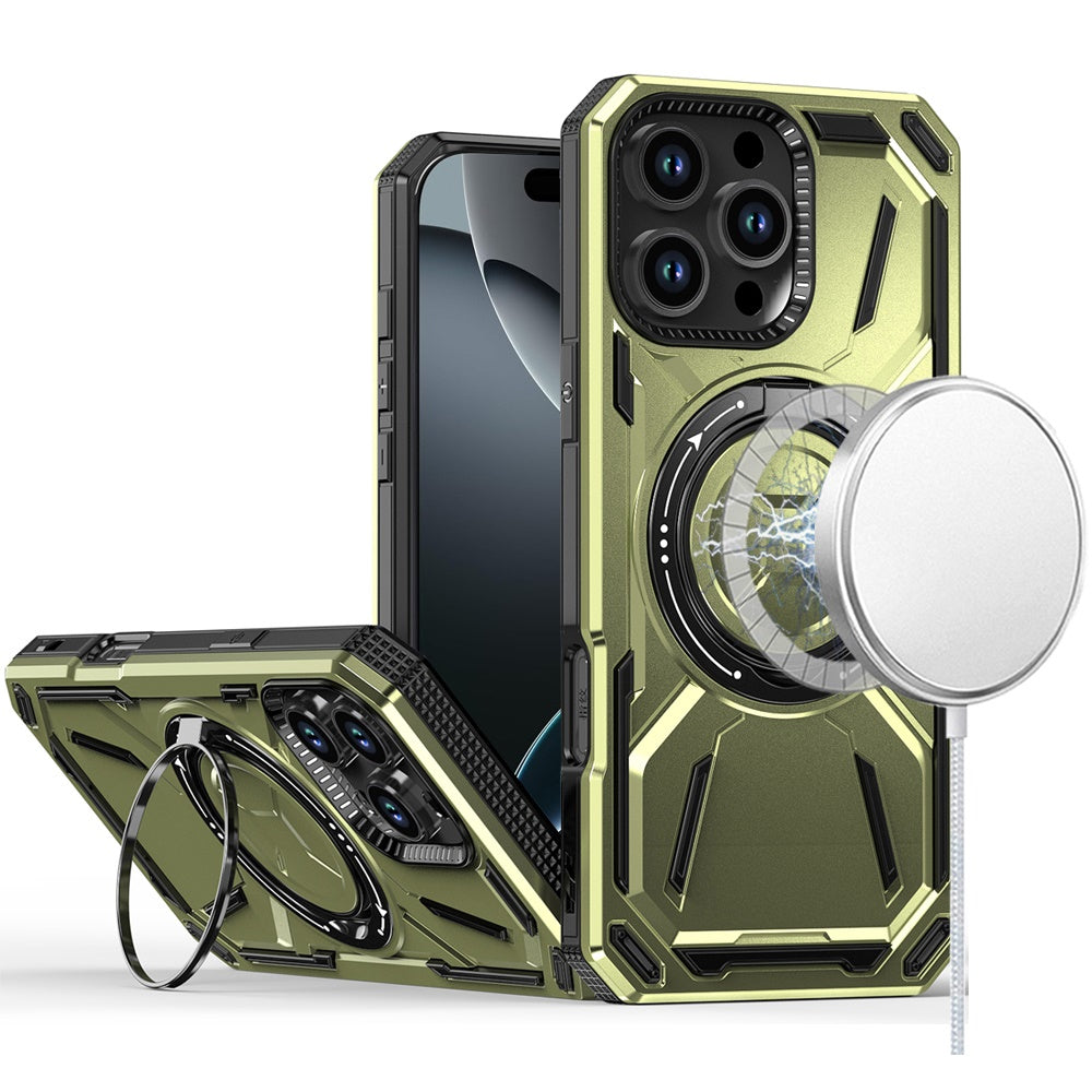For iPhone 16 Pro 6.3in Case Magnetic Circle Metal Stand Rugged + Tempered Glass
