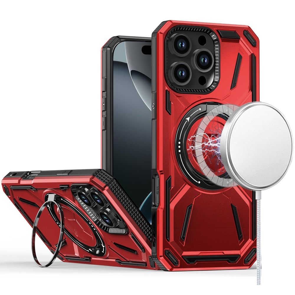 For iPhone 16 Pro 6.3in Case Magnetic Circle Metal Stand Rugged + Tempered Glass