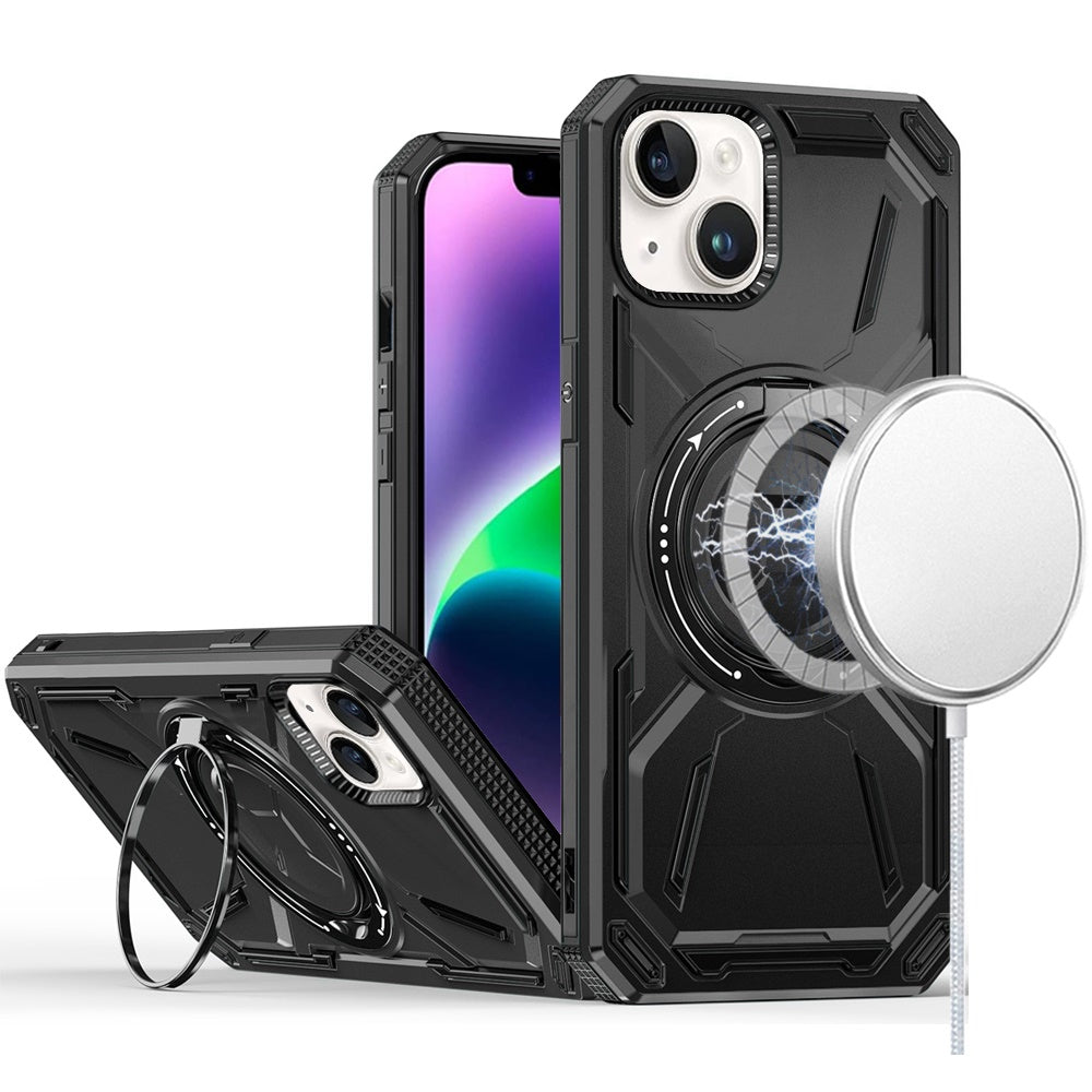 For iPhone 13/14 Case Magnetic Circle Metal Stand Shockproof + Tempered Glass