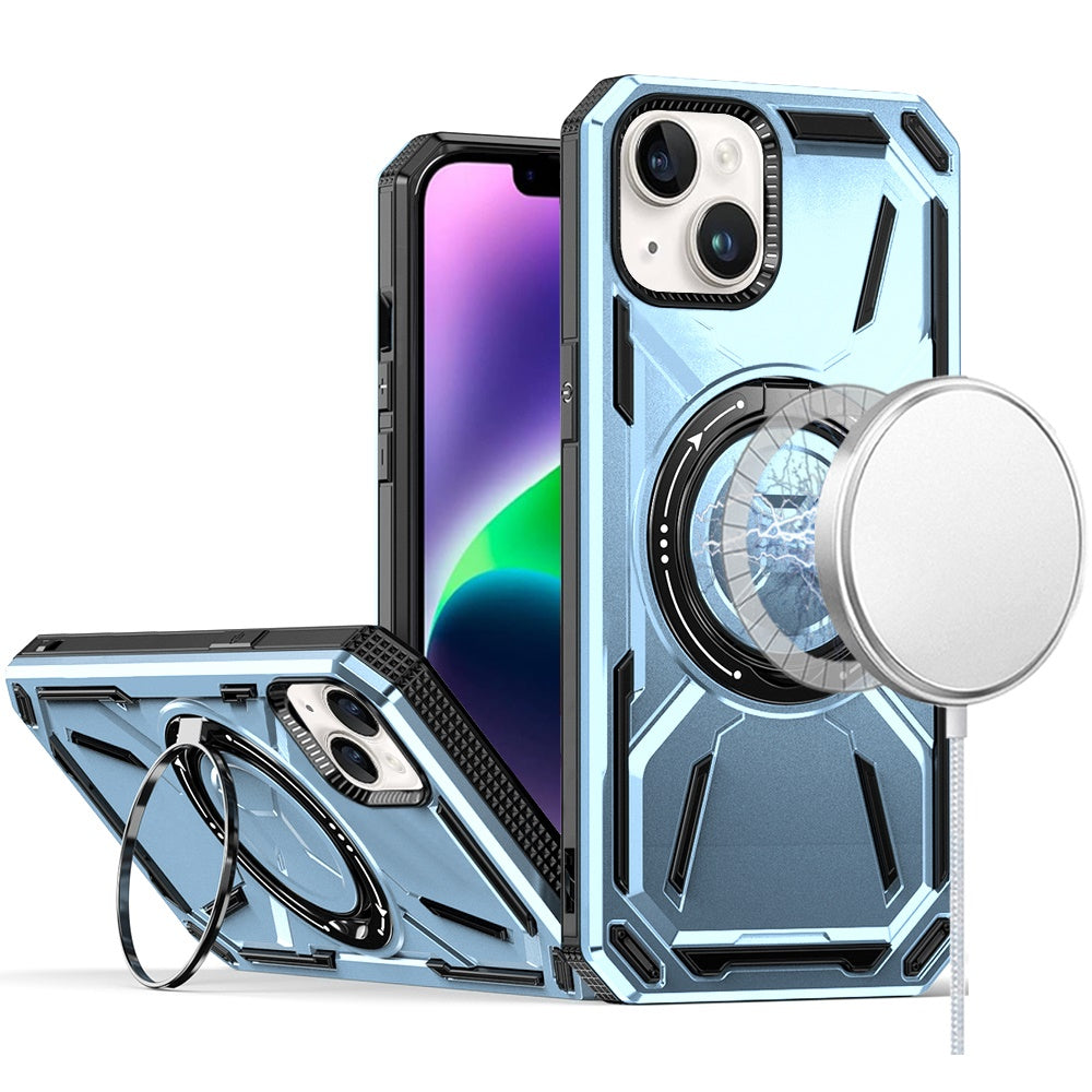 For iPhone 13/14 Case Magnetic Circle Metal Stand Shockproof + Tempered Glass