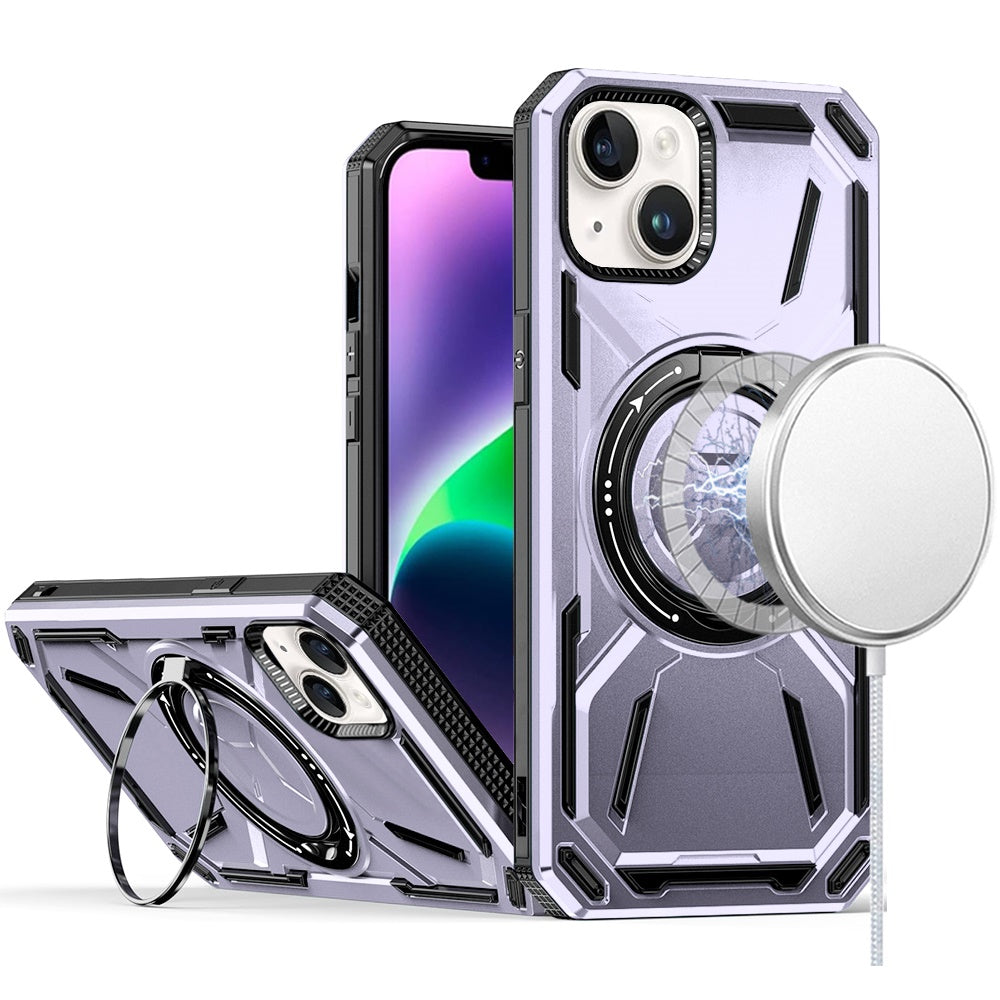 For iPhone 13/14 Case Magnetic Circle Metal Stand Shockproof + Tempered Glass