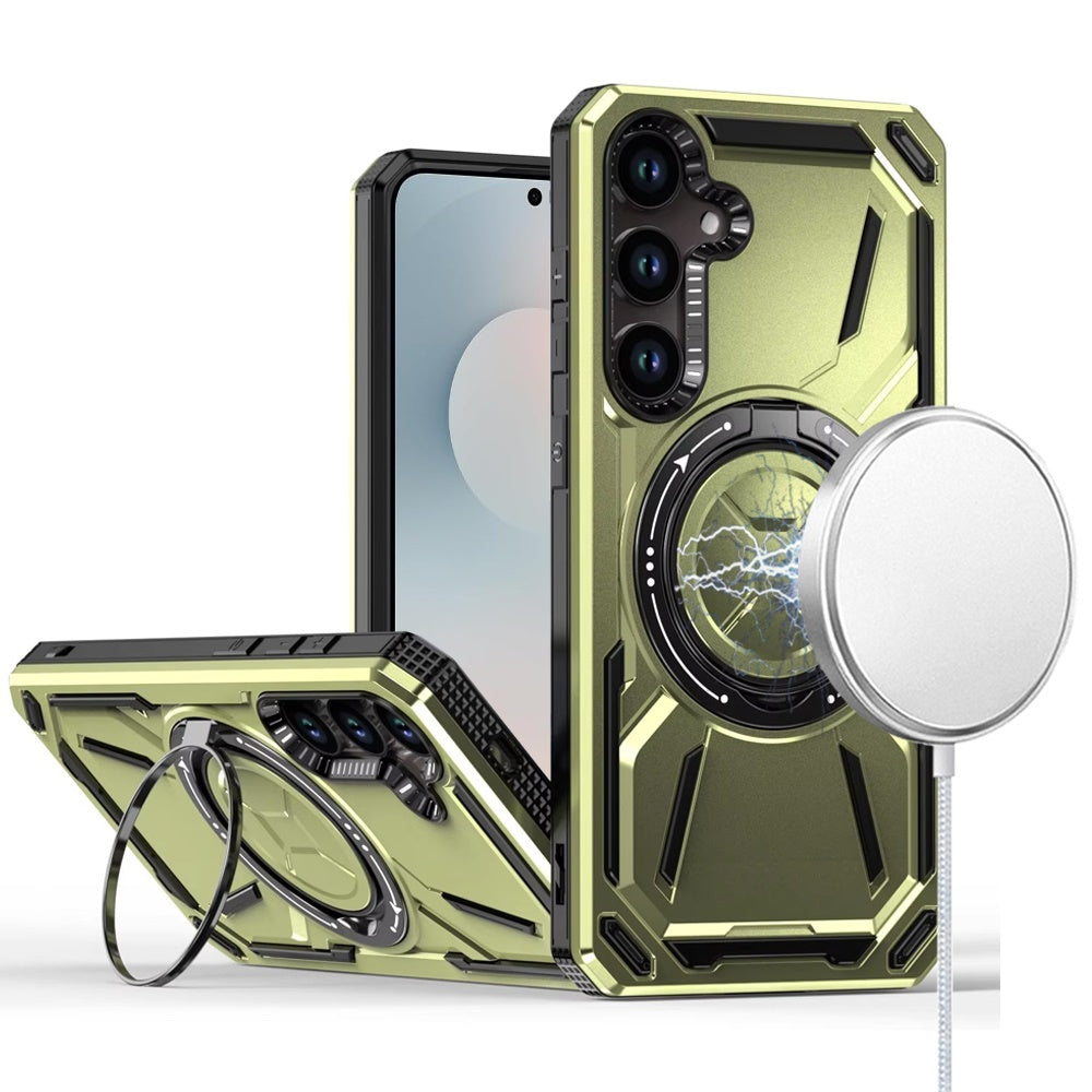 For Samsung S25 FE Case Magnetic Circle Metal Stand Shockproof + Tempered Glass