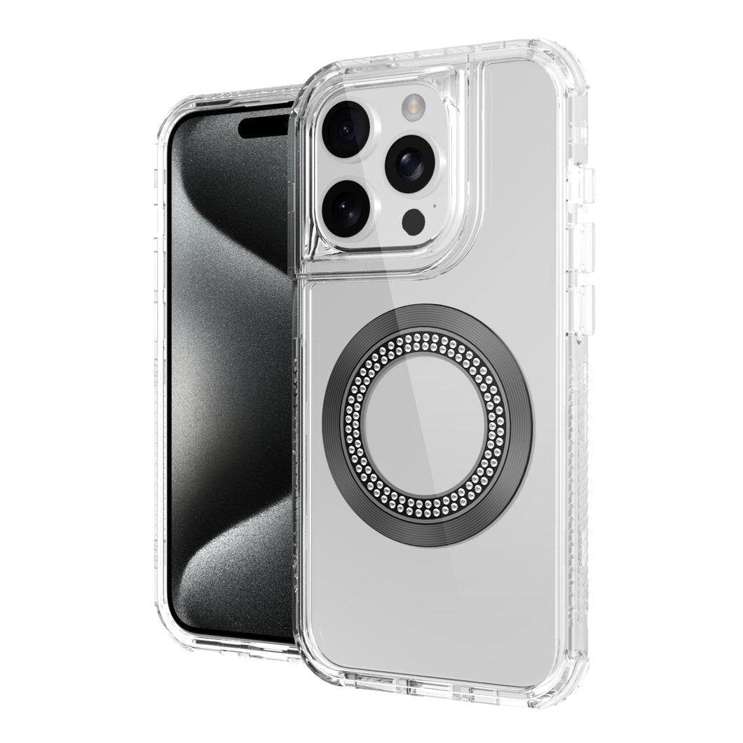 For iPhone 11 6.1 in. Case Magnetic Charging Circle Bling Hybrid +Tempered Glass