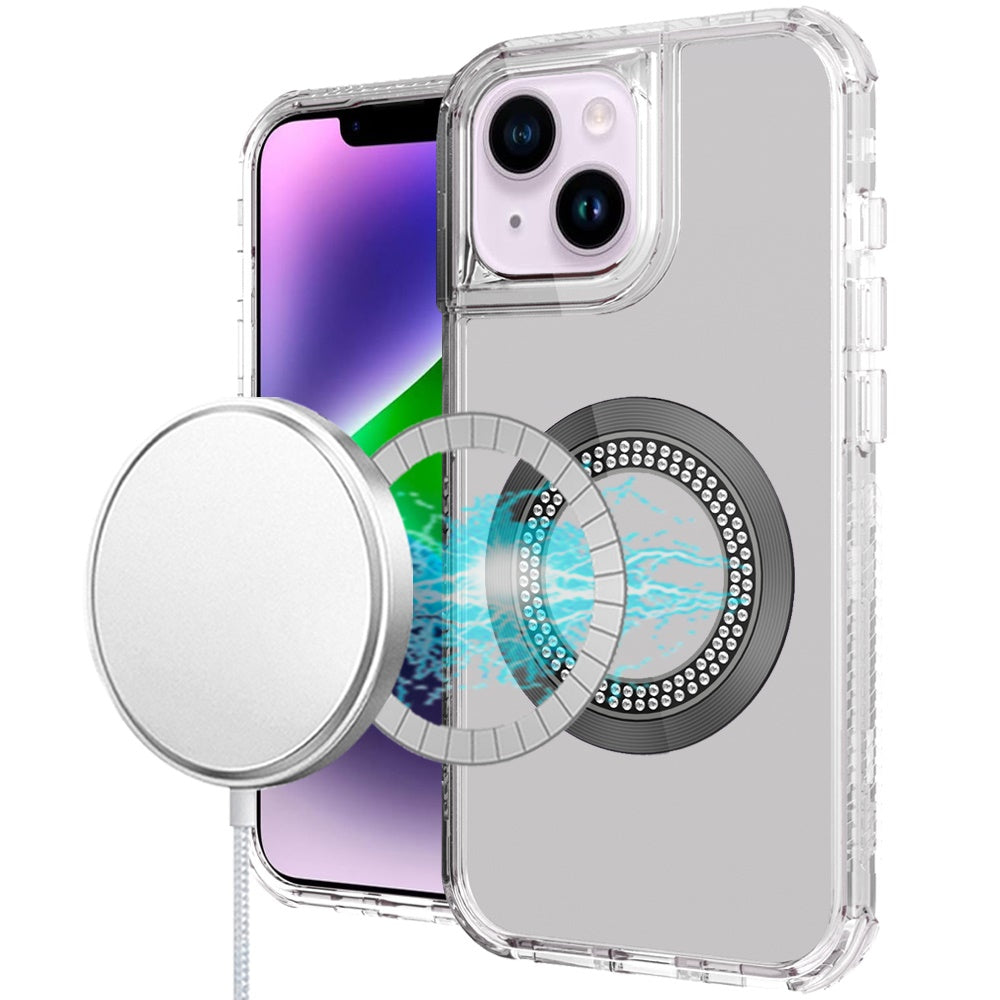 For iPhone 13/14 Case Magnetic Circle Circle Bling Hybrid Cover + Tempered Glass