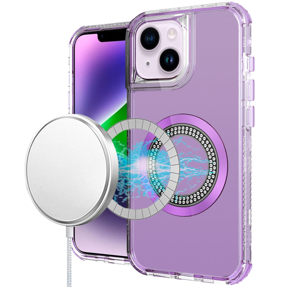 For iPhone 13/14 Case Magnetic Circle Circle Bling Hybrid Cover + Tempered Glass