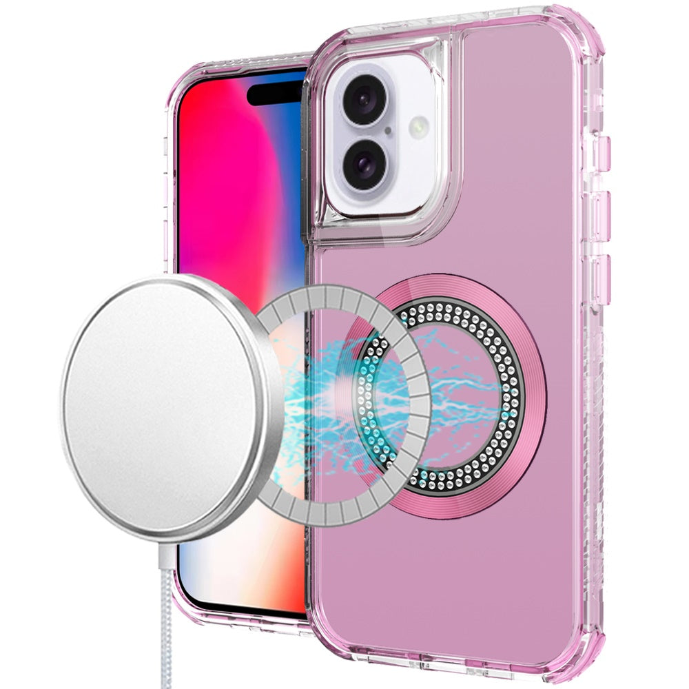 For iPhone 16 6.1inch Case Magnetic Circle Circle Bling Hybrid + Tempered Glass