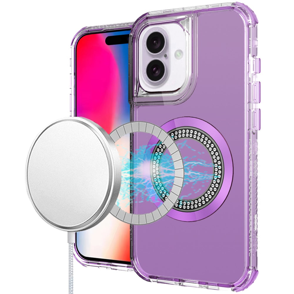 For iPhone 16 6.1inch Case Magnetic Circle Circle Bling Hybrid + Tempered Glass