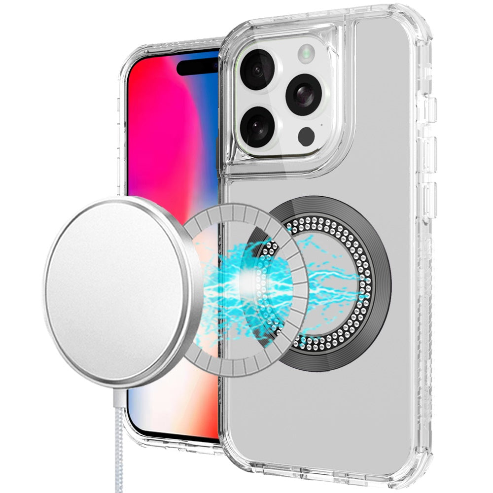 For iPhone 16 Pro 6.3in Case Magnetic Circle with Bling Hybrid + Tempered Glass