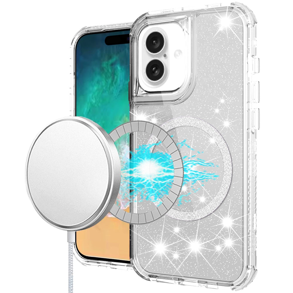 For iPhone 16 Plus 6.7in Case Magnetic Circle Glitter Shockproof +Tempered Glass