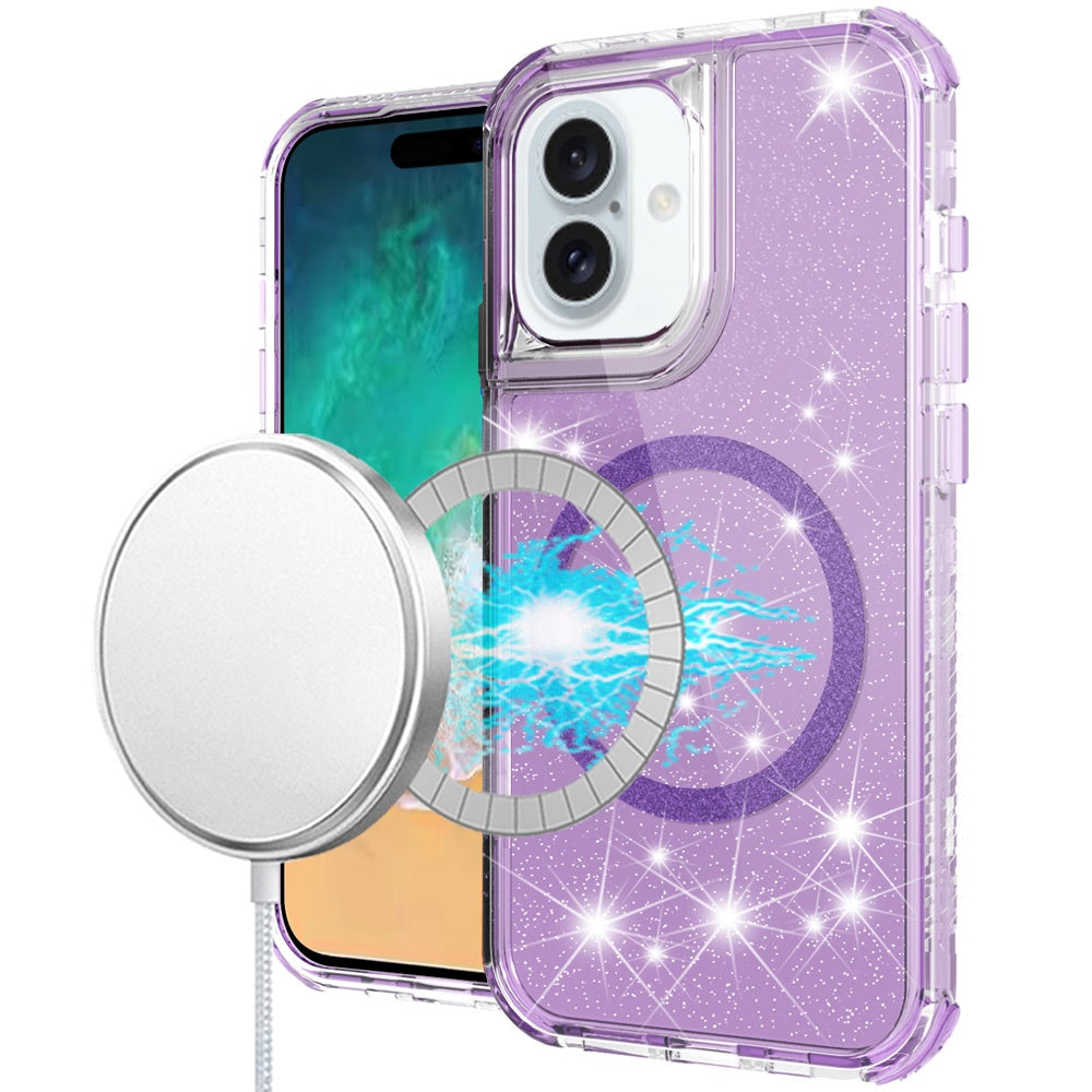 For iPhone 16 Plus 6.7in Case Magnetic Circle Glitter Shockproof +Tempered Glass