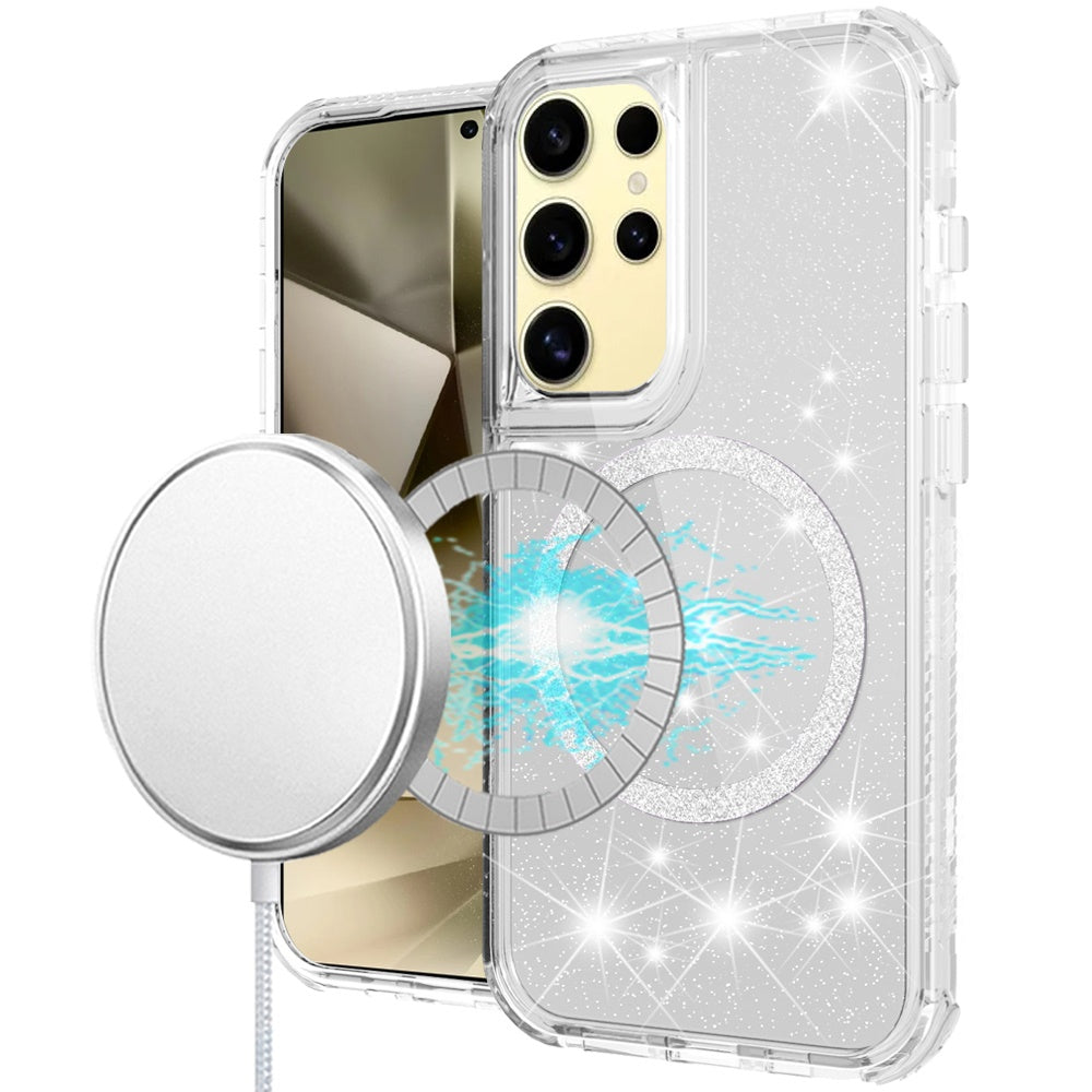 For Samsung S25 Ultra Case Magnetic Circle Glitter Shockproof + Tempered Glass