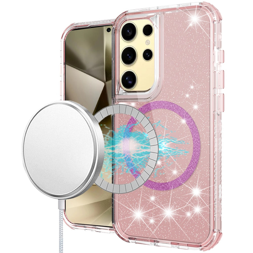 For Samsung S25 Ultra Case Magnetic Circle Glitter Shockproof + Tempered Glass