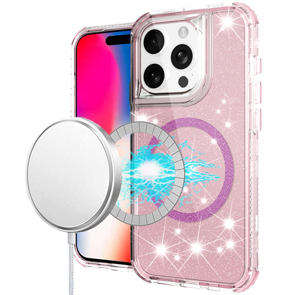 For iPhone 16 Pro 6.3in Case Magnetic Circle Glitter Shockproof + Tempered Glass