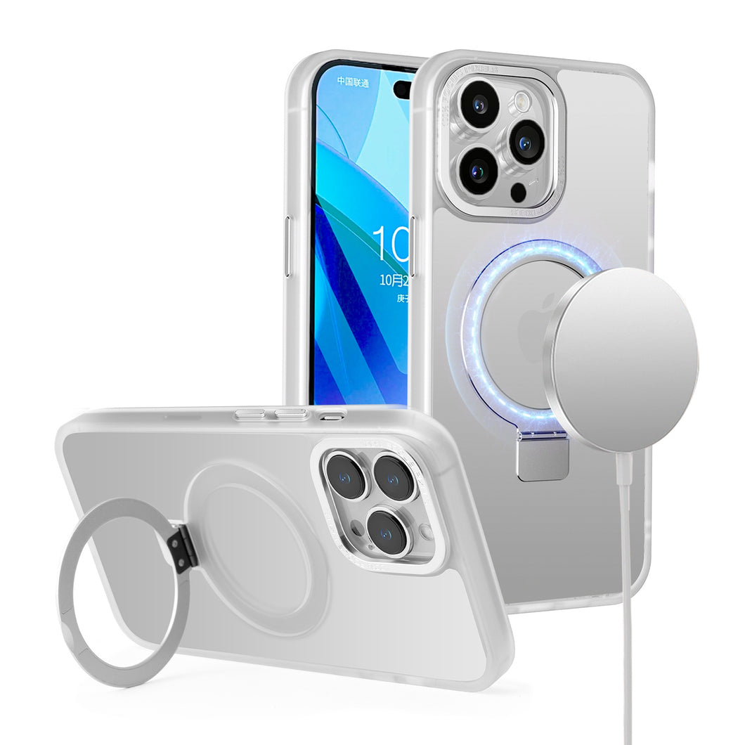 For iPhone 11 6.1 in. Case Metallic Magnetic Circle Stand Cover + Tempered Glass