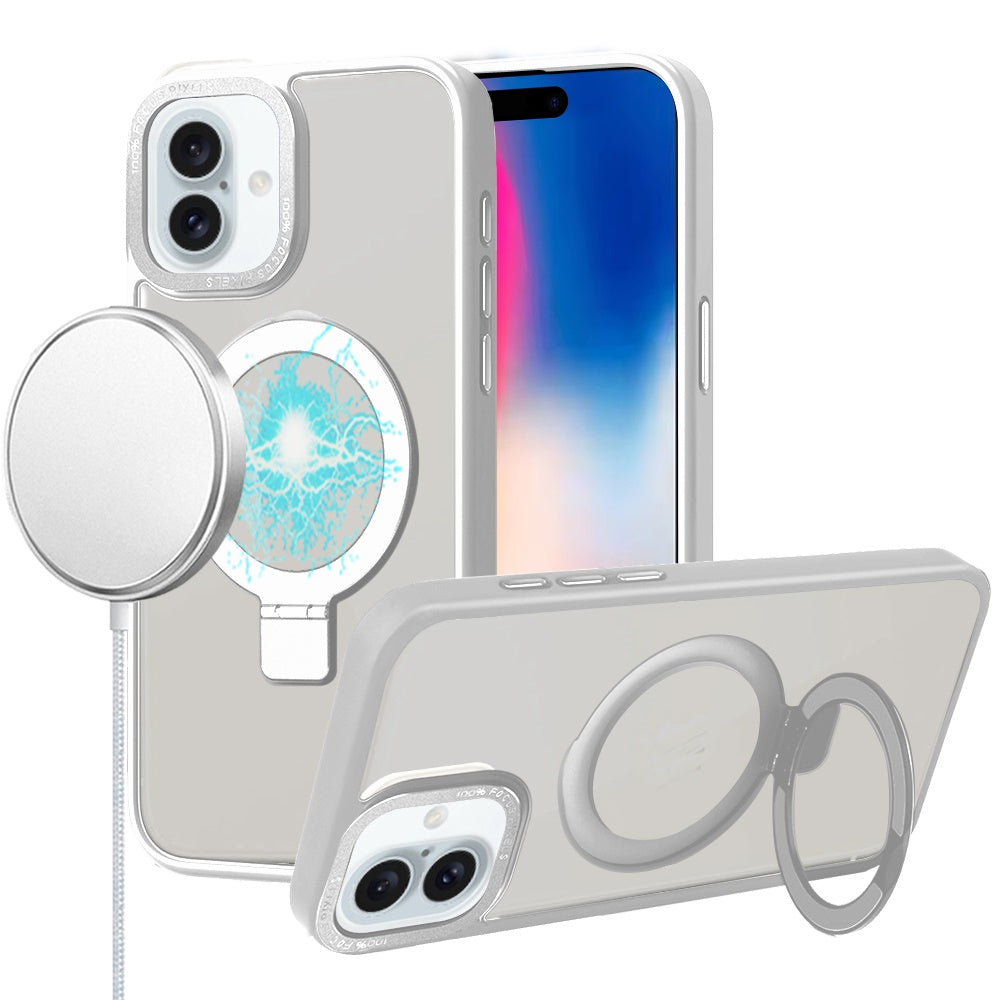 For iPhone 16 6.1inch Case Metallic Magnetic Circle Ring Stand + Tempered Glass