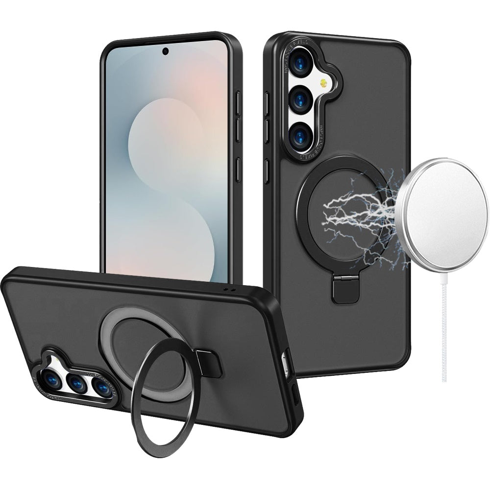 For Samsung S25 FE Case Metallic Magnetic Circle Ring Stand + Tempered Glass