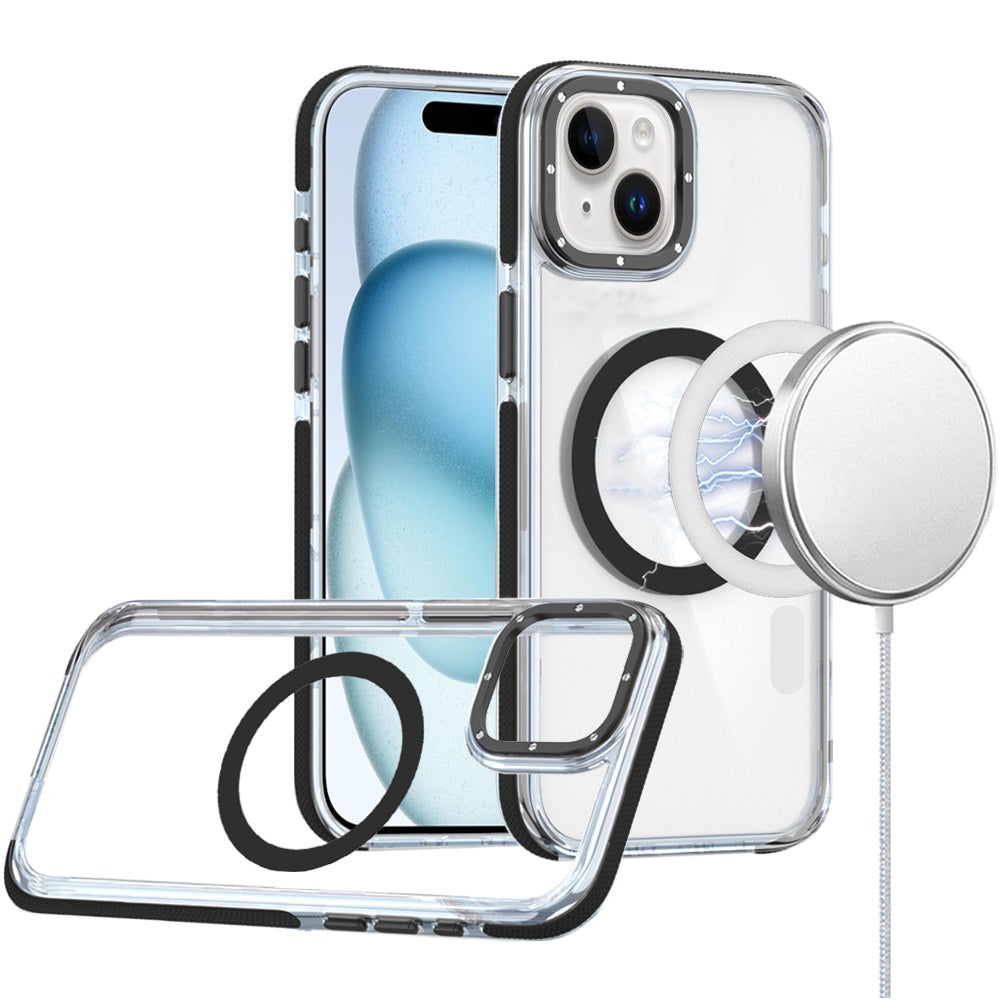 For iPhone 15 Case Magnetic Circle Color Matching Trim Cover + 2 Tempered Glass