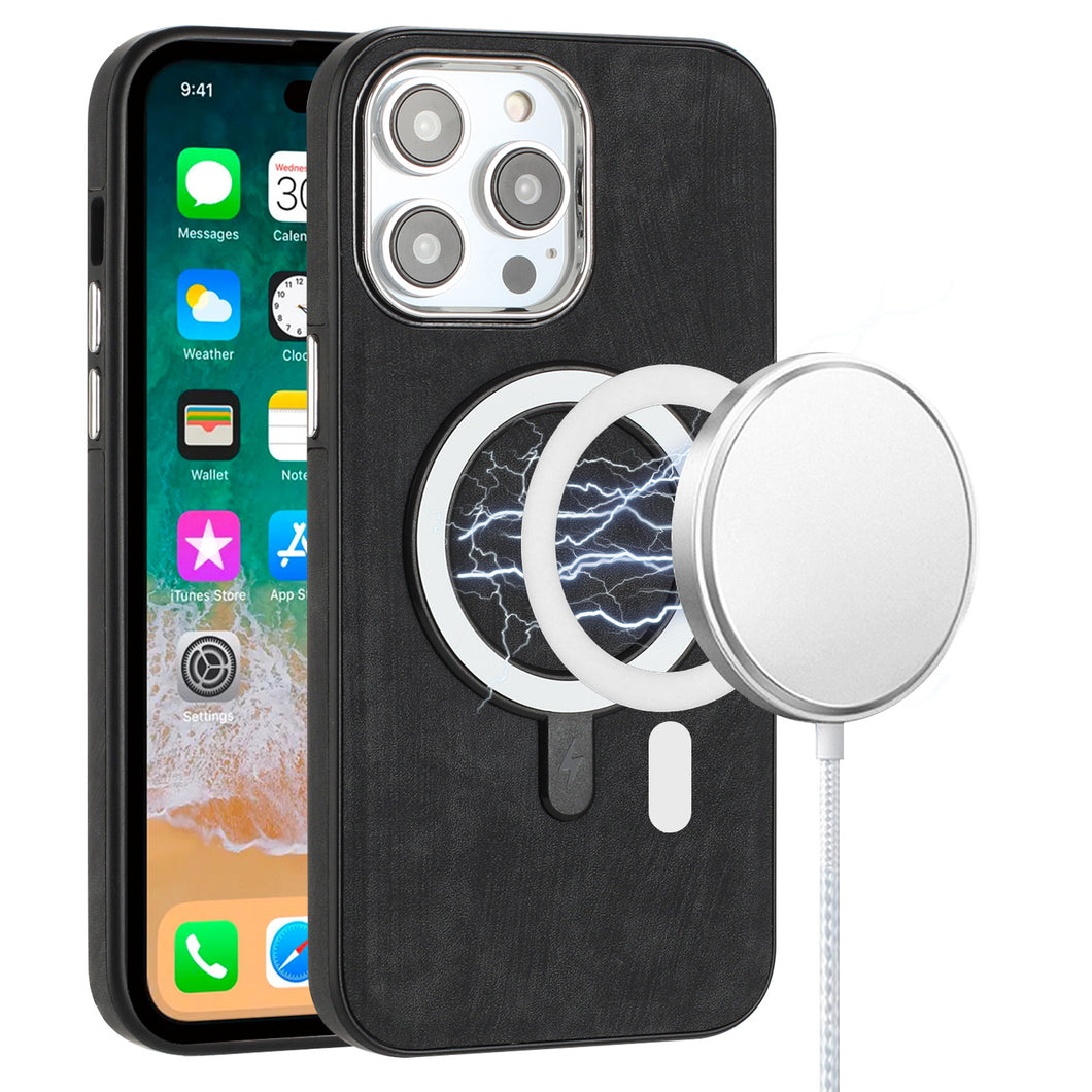 For iPhone 12 Pro Max Case Soft Vegan Leather Magnetic Circle + Tempered Glass